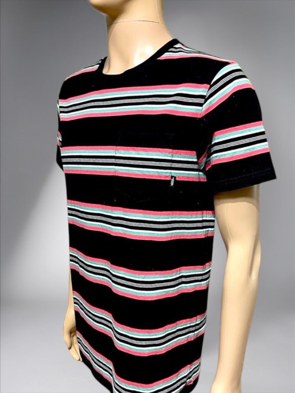 Men's Black Striped Crew Neck T-Shirt with Pocket - Picture 7 of 15
